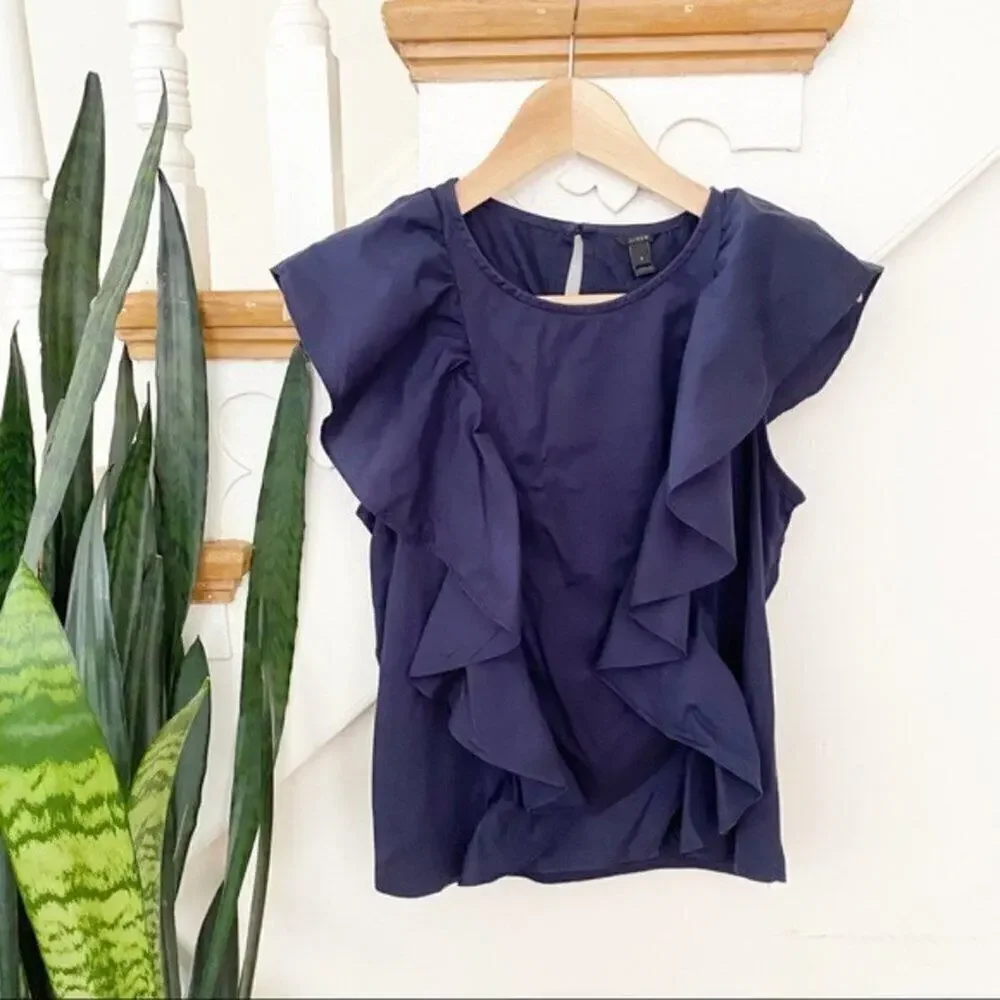J. Crew navy blue ruffle front sleeveless blouse S